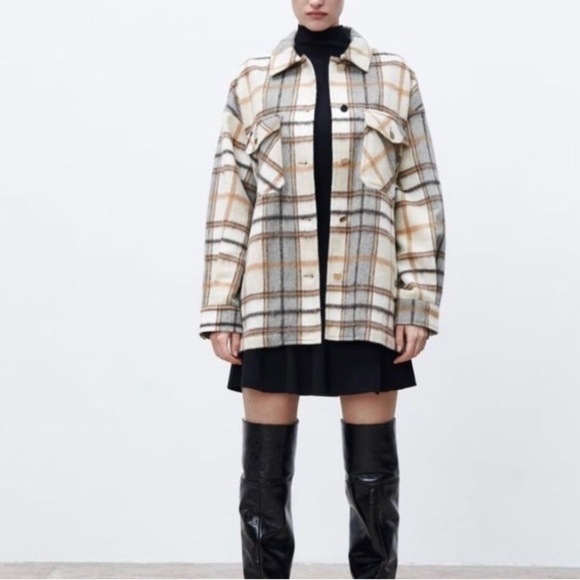 Zara Plaid Shirt Jacket Shacket Women M Plaid Oversized Long Sleeve Button Up - Picture 10 of 10